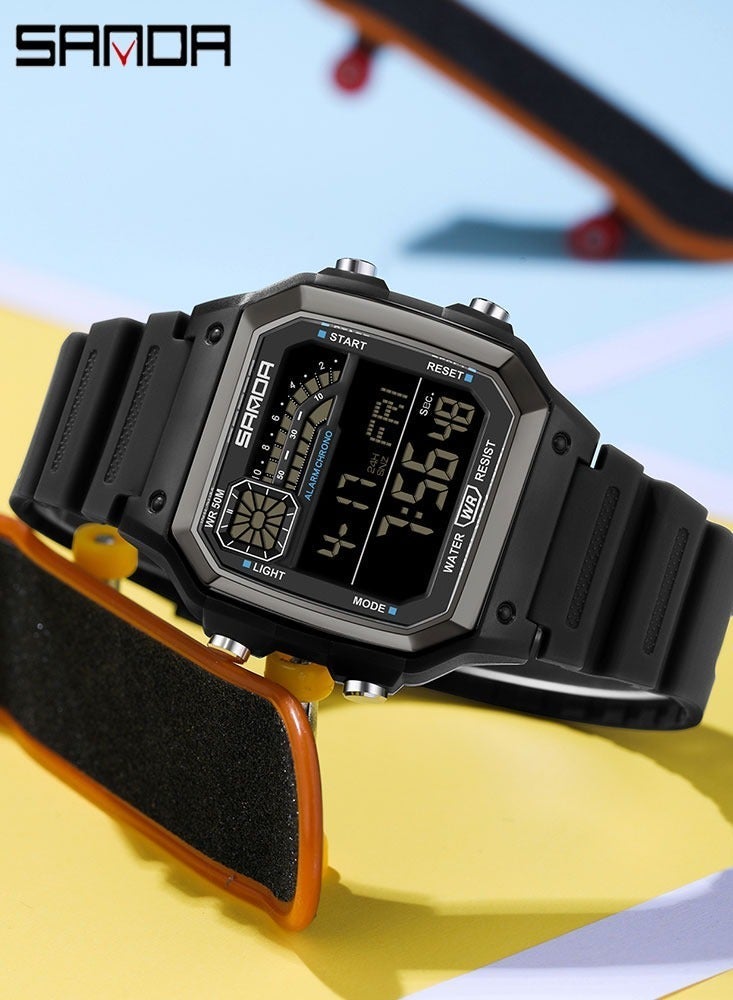 SANDA 6196 Men Electronic Watches Round Square Fashion Luminous Stainless Steel Strap Arabic Tidal Worship Male Wrist Watch - Image 3