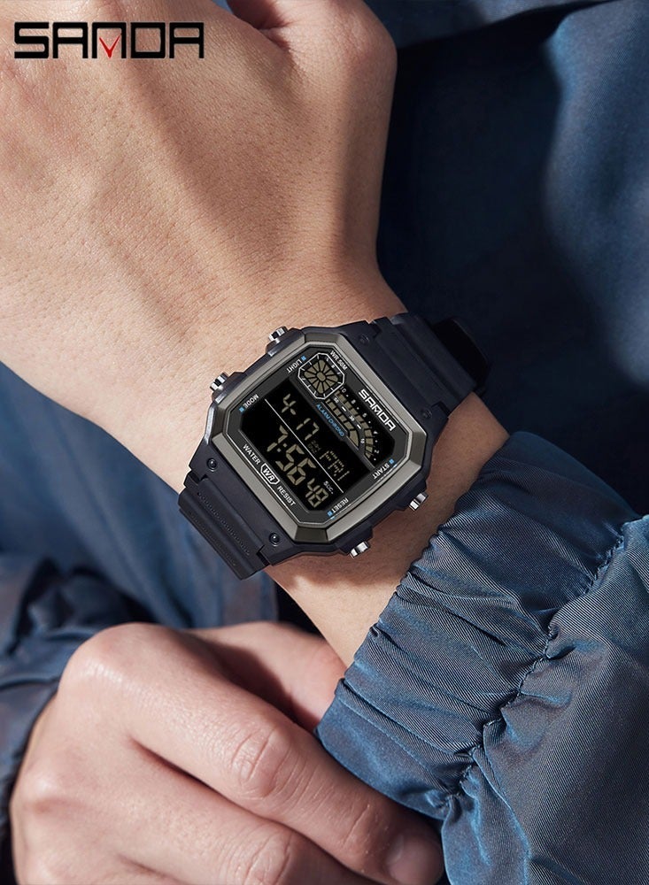 SANDA 6196 Men Electronic Watches Round Square Fashion Luminous Stainless Steel Strap Arabic Tidal Worship Male Wrist Watch - Image 4