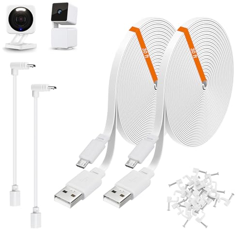 weishan 2 Pack 30ft Power Extension Cable Compatible with Wyze Cam v4,Wyze Cam Pan v3,Wyze OG,Wyze Cam v3 and v3 Pro Security Camera - 9m Long Flat USB to Micro USB Charging Cord with L-Shaped Adapter, White - Image 1
