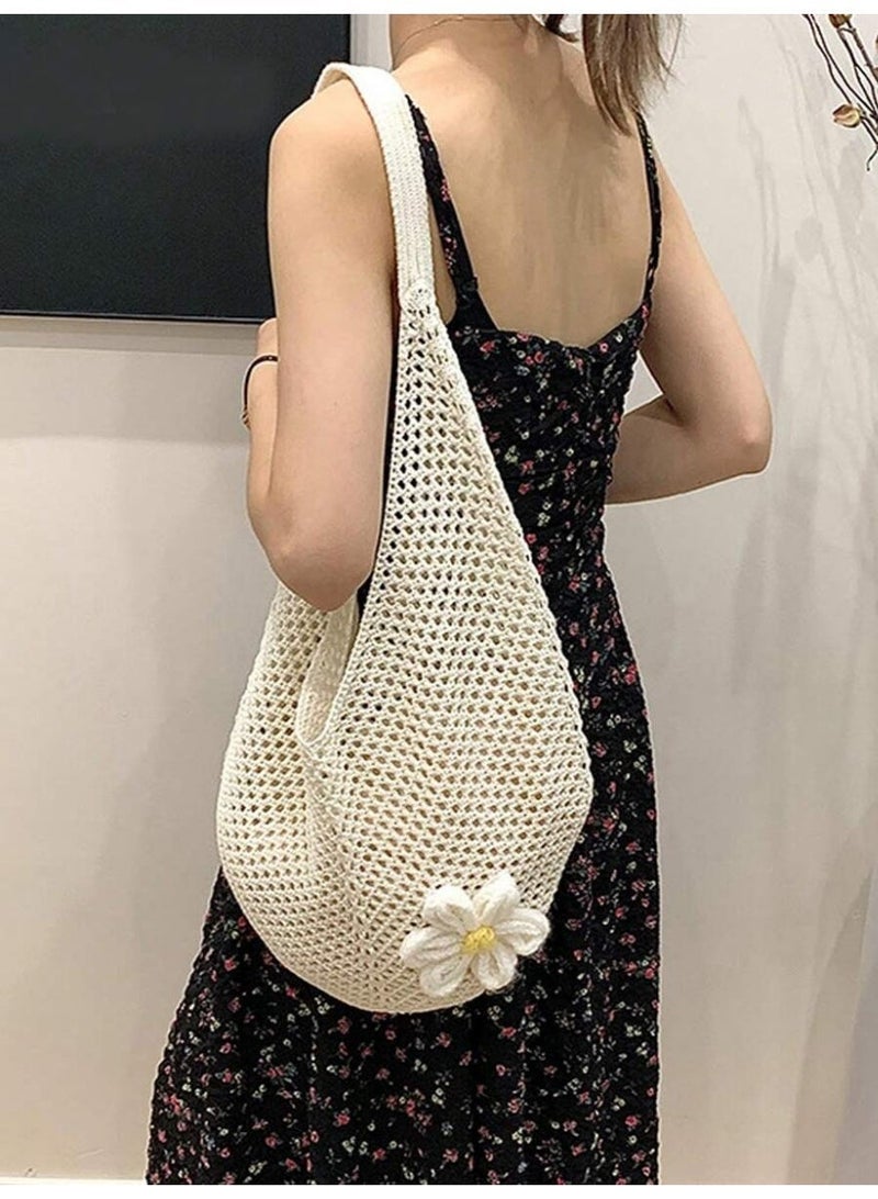 Women’s Crochet Shoulder Bag with Flower Design – Lightweight Boho Summer Tote, Perfect for Beach & Daily Use - Image 1