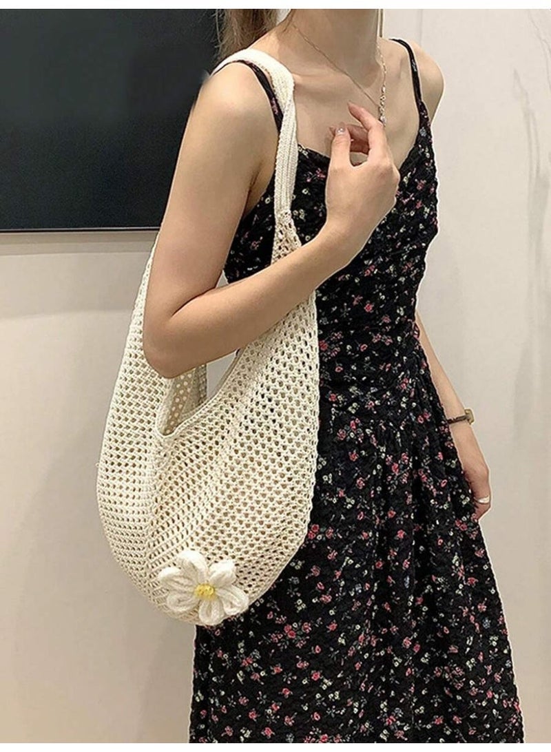 Women’s Crochet Shoulder Bag with Flower Design – Lightweight Boho Summer Tote, Perfect for Beach & Daily Use - Image 3