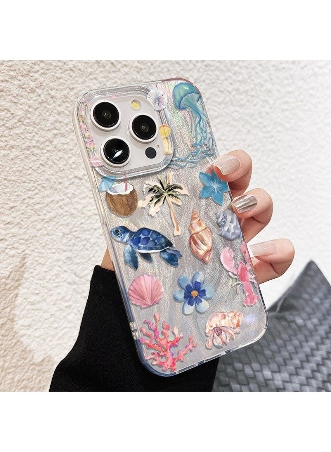 ShebSheb for iPhone 16 Pro Max Case Beach and Undersea Theme Design,Trendy Cute Soft Slim Shockproof TPU Protective Phone Cases Cover for Women Girls Aesthetic Glitter - Image 3