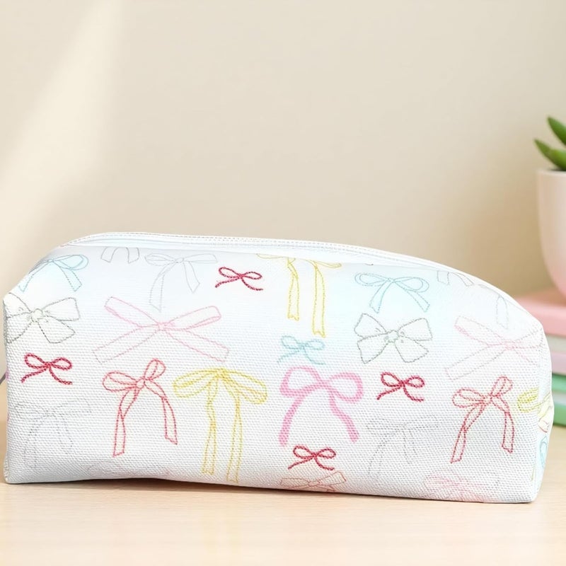 2 Pcs Bow Tie Cosmetic & Stationery Organizers, Aesthetic Ins-Style, Cute Kawaii Travel Make Up Pouch for Women, Stylish Pencil Case Set - Image 2