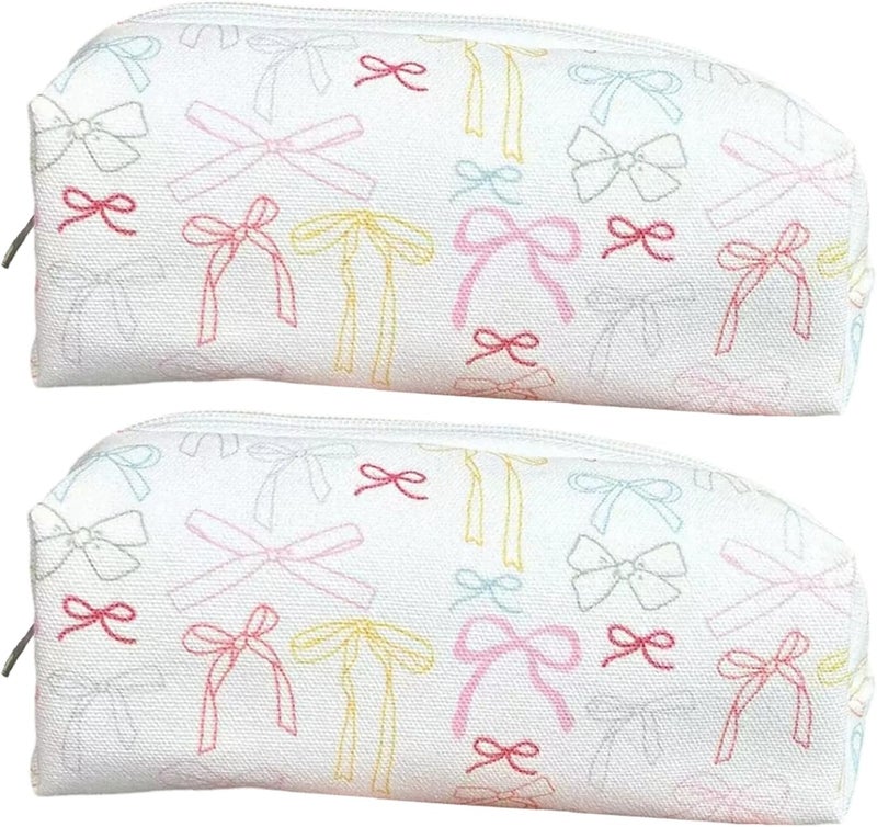 2 Pcs Bow Tie Cosmetic & Stationery Organizers, Aesthetic Ins-Style, Cute Kawaii Travel Make Up Pouch for Women, Stylish Pencil Case Set - Image 1