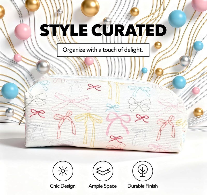2 Pcs Bow Tie Cosmetic & Stationery Organizers, Aesthetic Ins-Style, Cute Kawaii Travel Make Up Pouch for Women, Stylish Pencil Case Set - Image 3