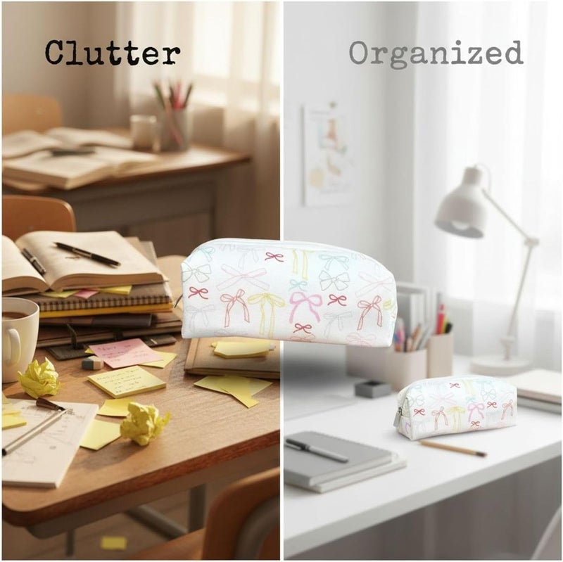 2 Pcs Bow Tie Cosmetic & Stationery Organizers, Aesthetic Ins-Style, Cute Kawaii Travel Make Up Pouch for Women, Stylish Pencil Case Set - Image 4