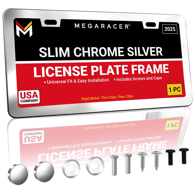 Mega Racer Premium Slim Chrome Silver License Plate Frame â€“ 1 Piece, Rust-Free Stainless Steel & Rattle-Free, Street Legal Universal Fit with Screw Caps, Thin Metal Front or Rear Car Tag Holder - For Men & Women - Image 1