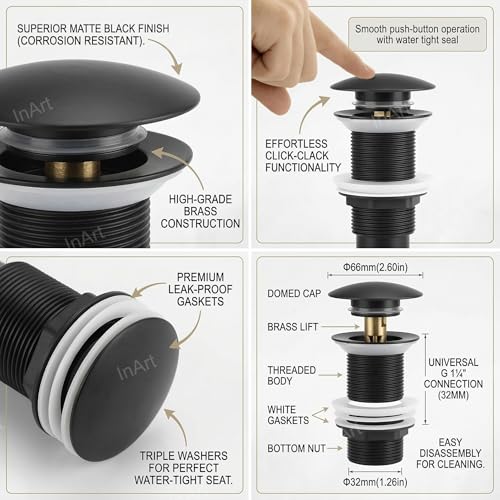 InArt Black Finish Pop-up Brass Basin Drainer/Waste Coupling for Bathroom Wash Basin/Vessel Sink - 5 Inch Full Threaded, 32 MM Flush Valve Faucet, Easy Install Black Matt - Image 3