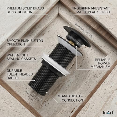 InArt Black Finish Pop-up Brass Basin Drainer/Waste Coupling for Bathroom Wash Basin/Vessel Sink - 5 Inch Full Threaded, 32 MM Flush Valve Faucet, Easy Install Black Matt - Image 2