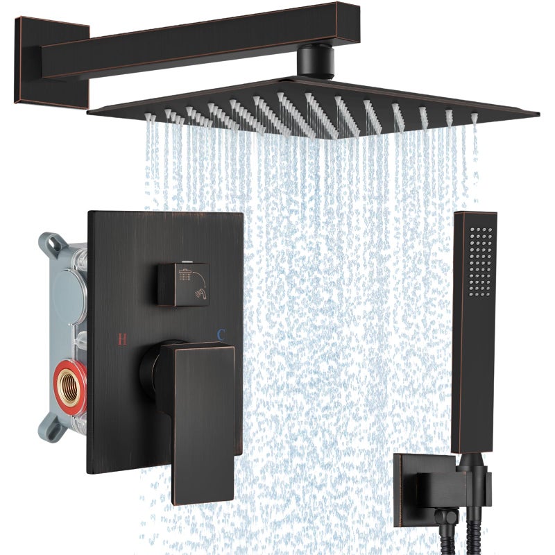 Midanya Shower Faucet SetWall Mount Shower System with Square Rain Shower Head and Hand Sprayer Roughin Valve Body and Trim Kit Included10 InchOil Rubbed Bronze