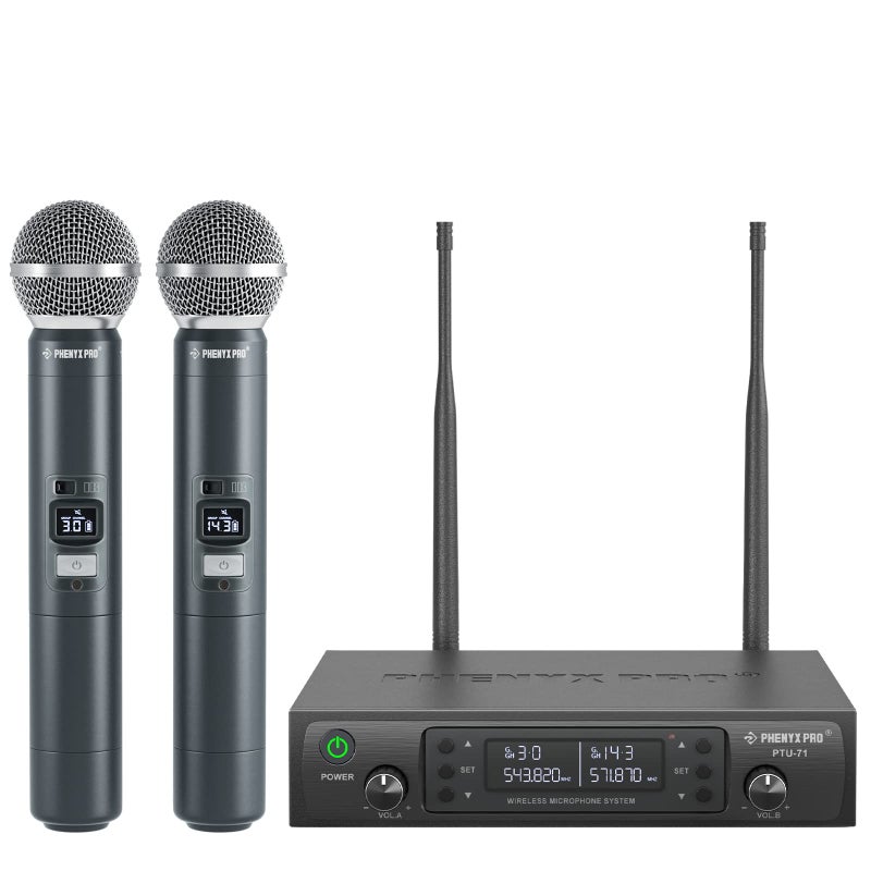 Phenyx Pro Wireless Microphone System, Dual Wireless Mics,w/ 2 Handhelds, Auto Scan,2x100 UHF Frequencies,328ft Range,Dynamic Microphone for Singing, Karaoke, Church(PTU-71-2H) - Image 1