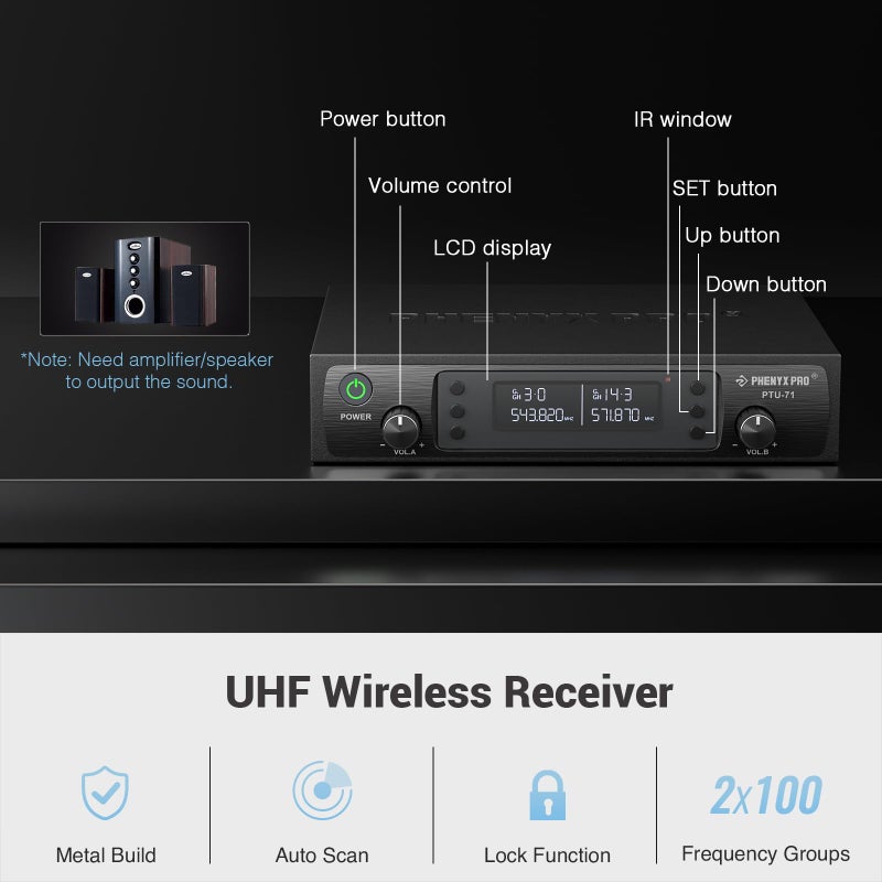 Phenyx Pro Wireless Microphone System, Dual Wireless Mics,w/ 2 Handhelds, Auto Scan,2x100 UHF Frequencies,328ft Range,Dynamic Microphone for Singing, Karaoke, Church(PTU-71-2H) - Image 3