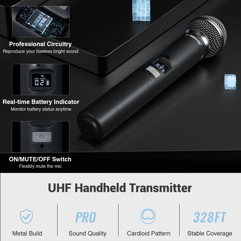 Phenyx Pro Wireless Microphone System, Dual Wireless Mics,w/ 2 Handhelds, Auto Scan,2x100 UHF Frequencies,328ft Range,Dynamic Microphone for Singing, Karaoke, Church(PTU-71-2H) - Image 4