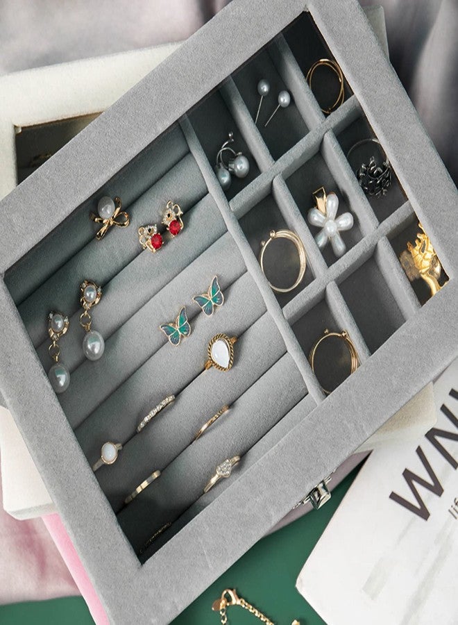 FRENYEAR Jewellery Box Organiser 9 Grids Jewelry Storage Case | Velvet Lockable Jewellery Organiser | Removal Tray, Ring Storage Slot, Ring Jewellery Display Storage Box Tray (GREY) - Image 5