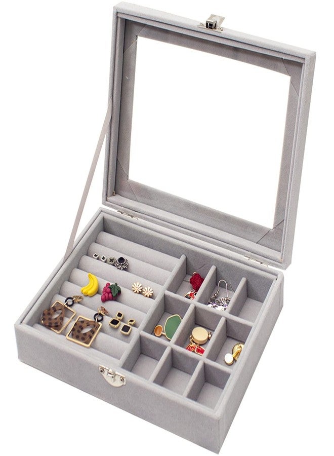 FRENYEAR Jewellery Box Organiser 9 Grids Jewelry Storage Case | Velvet Lockable Jewellery Organiser | Removal Tray, Ring Storage Slot, Ring Jewellery Display Storage Box Tray (GREY) - Image 1