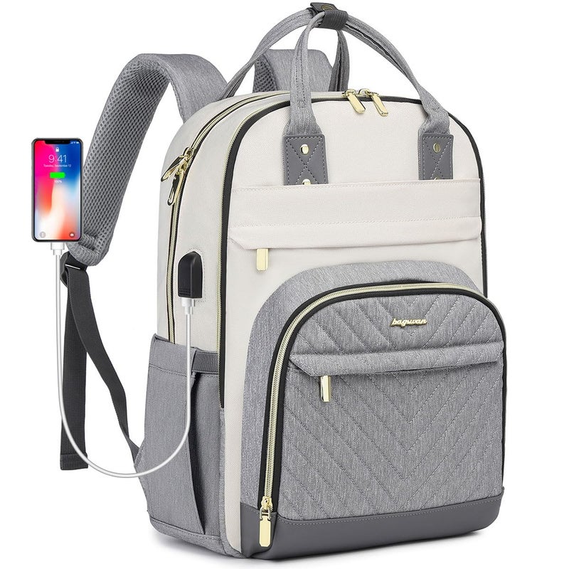 bagswan Laptop Backpack Women Work Bag Travel Backpack Purse with USB Charger 156 Inch Nurse Bag College Teacher Business Backpack Waterproof Laptop Bag Beige Grey - Image 2