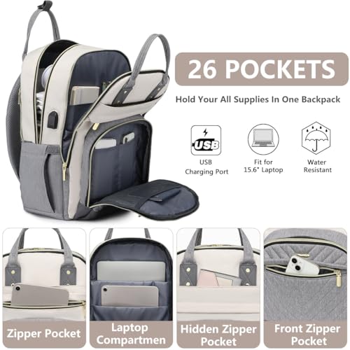bagswan Laptop Backpack Women Work Bag Travel Backpack Purse with USB Charger 156 Inch Nurse Bag College Teacher Business Backpack Waterproof Laptop Bag Beige Grey - Image 3