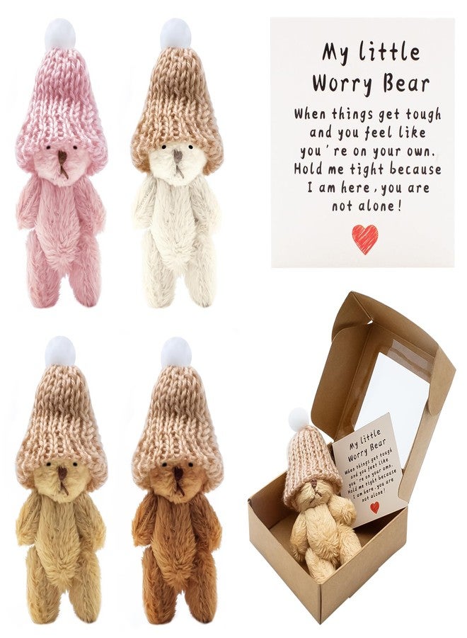 KCMOSGI 4 PCS Mini Worry Bear with A Hat, Positive Mini Bears, Little Worry Bears in A Box with Encouragement Little Card, Soft Handmade Pocket Bear for Lovers, Family, Friend - Image 1