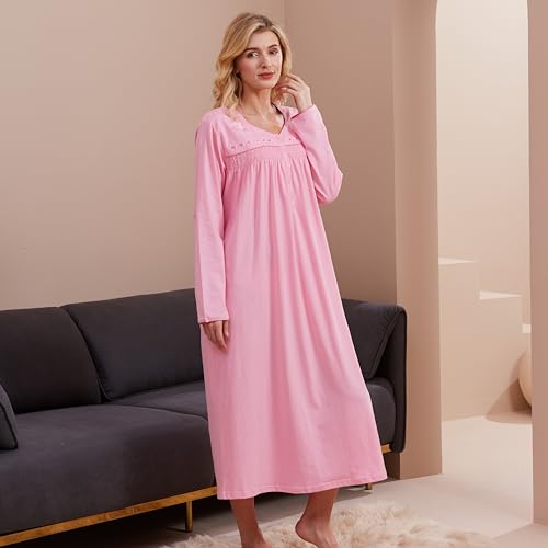 Keyocean Women Nightgowns, Soft Comfortable Lightweight Cotton Long Sleeves Ladies Nightdress, Pink, XX-Large - Image 4