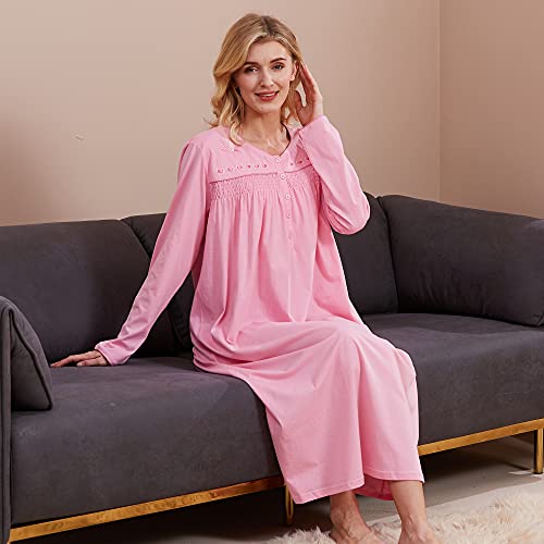 Keyocean Women Nightgowns, Soft Comfortable Lightweight Cotton Long Sleeves Ladies Nightdress, Pink, XX-Large - Image 3