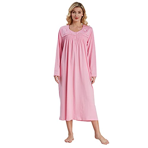 Keyocean Women Nightgowns, Soft Comfortable Lightweight Cotton Long Sleeves Ladies Nightdress, Pink, XX-Large - Image 1