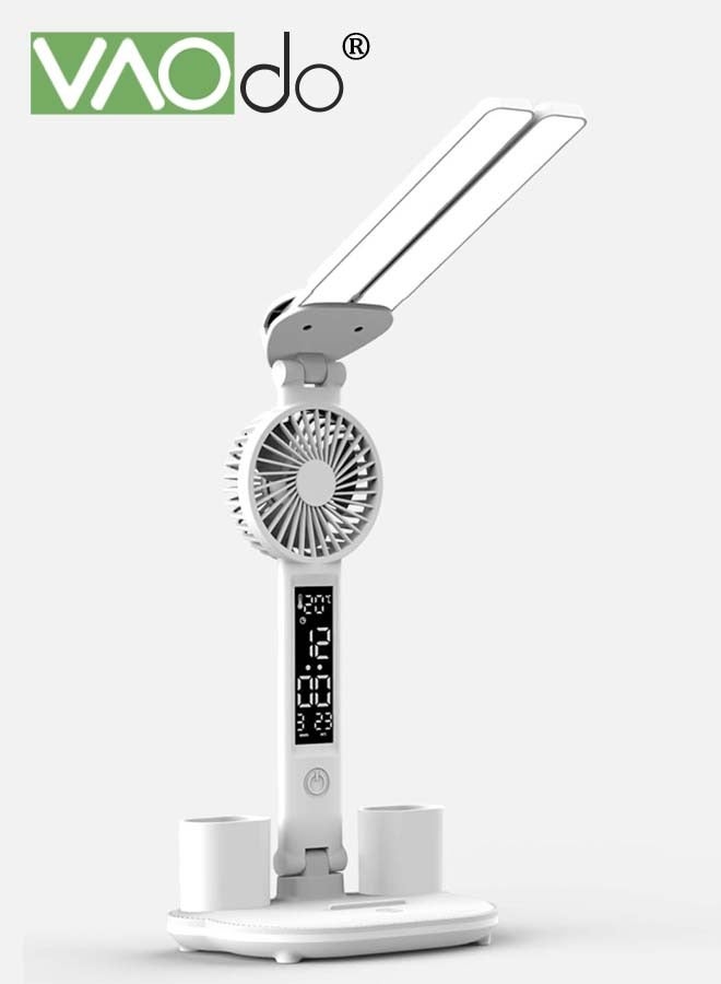 فاو دو مصباح مكتبي LED مع مروحة، مصباح طاولة متعدد الوظائف قابل للتعتيم، حامل أقلام، عرض التاريخ، منفذ شحن USB، ضوء قابل للتعديل بزوايا متعددة، أبيض - Image 2