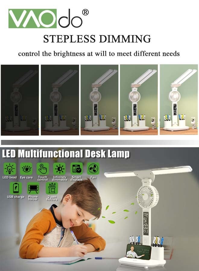 فاو دو مصباح مكتبي LED مع مروحة، مصباح طاولة متعدد الوظائف قابل للتعتيم، حامل أقلام، عرض التاريخ، منفذ شحن USB، ضوء قابل للتعديل بزوايا متعددة، أبيض - Image 4