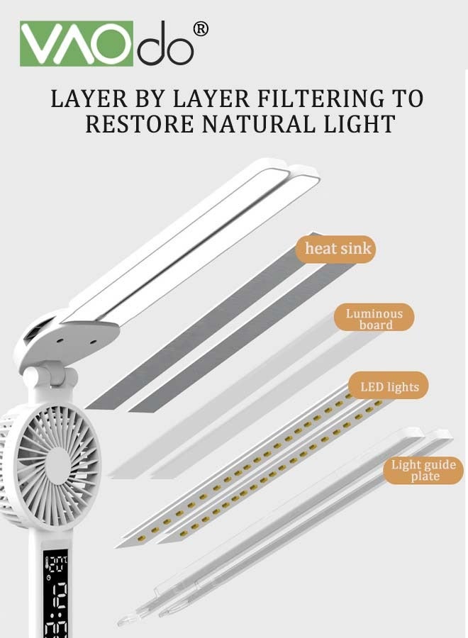 فاو دو مصباح مكتبي LED مع مروحة، مصباح طاولة متعدد الوظائف قابل للتعتيم، حامل أقلام، عرض التاريخ، منفذ شحن USB، ضوء قابل للتعديل بزوايا متعددة، أبيض - Image 3