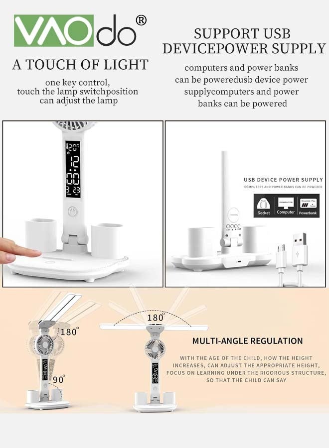 فاو دو مصباح مكتبي LED مع مروحة، مصباح طاولة متعدد الوظائف قابل للتعتيم، حامل أقلام، عرض التاريخ، منفذ شحن USB، ضوء قابل للتعديل بزوايا متعددة، أبيض - Image 5