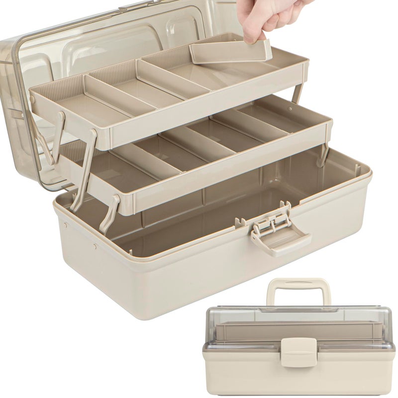 TERGOO 12.5in 3-Layer Multipurpose Craft Organizers and Storage with Adjustable Dividers, Portable Tackle Box, Folding Art & Craft Case for Medicine, Tool, Sewing Organizer (Brown) - Image 1