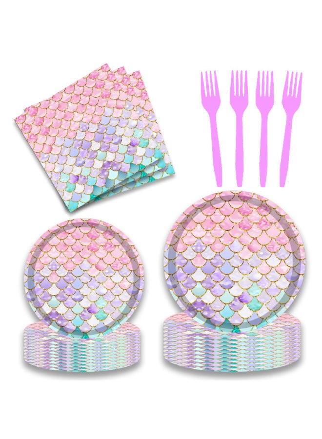 New Fish Scale Mermaid Theme Birthday Products Disposable Tablecloth Paper Cup Tissue Paper Plate Party Tableware Set - Image 2