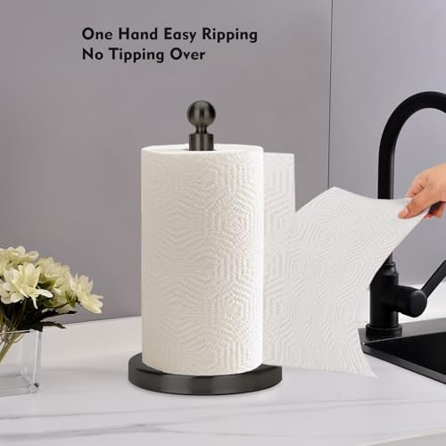 Kalitro Paper Towel Holder Countertop, Standing Paper Towel Roll Holder for Kitchen Bathroom, with Weighted Base for One-Handed Operation, No Wobbly (Stainless Steel Base, Black) - Image 2