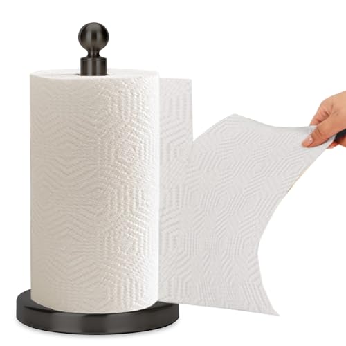 Kalitro Paper Towel Holder Countertop, Standing Paper Towel Roll Holder for Kitchen Bathroom, with Weighted Base for One-Handed Operation, No Wobbly (Stainless Steel Base, Black) - Image 1