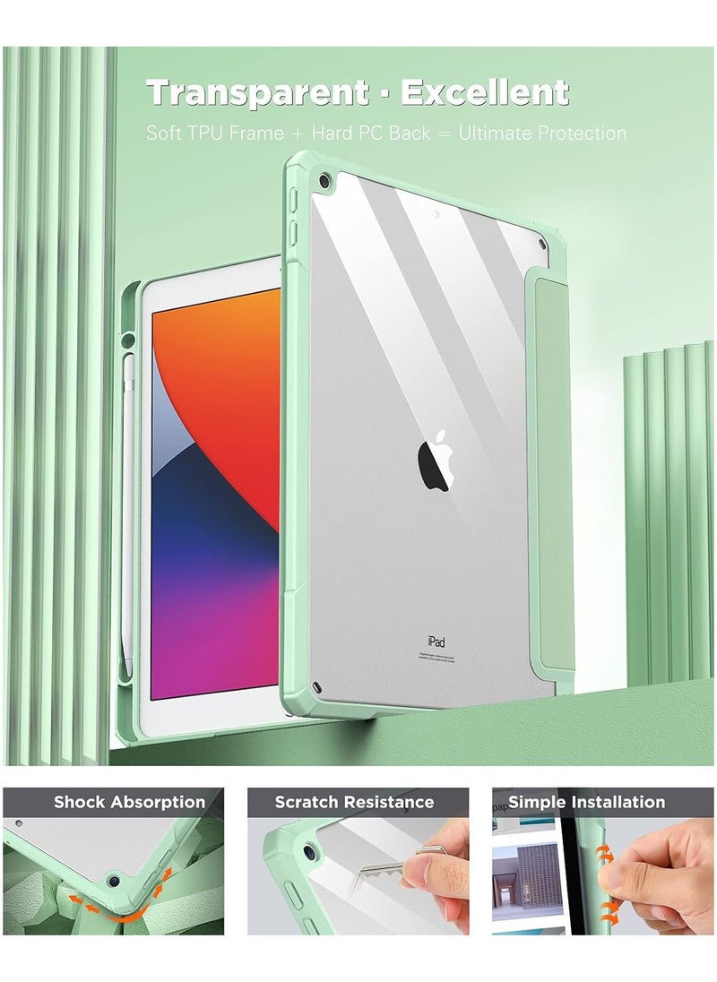 Case for iPad 9th Generation 2021/iPad 8th Generation 2020/iPad 7th Generation 2019 10.2 inch with Pencil Holder, Slim Protective Cover with Clear Back Shell, Auto Wake/Sleep, (Green)