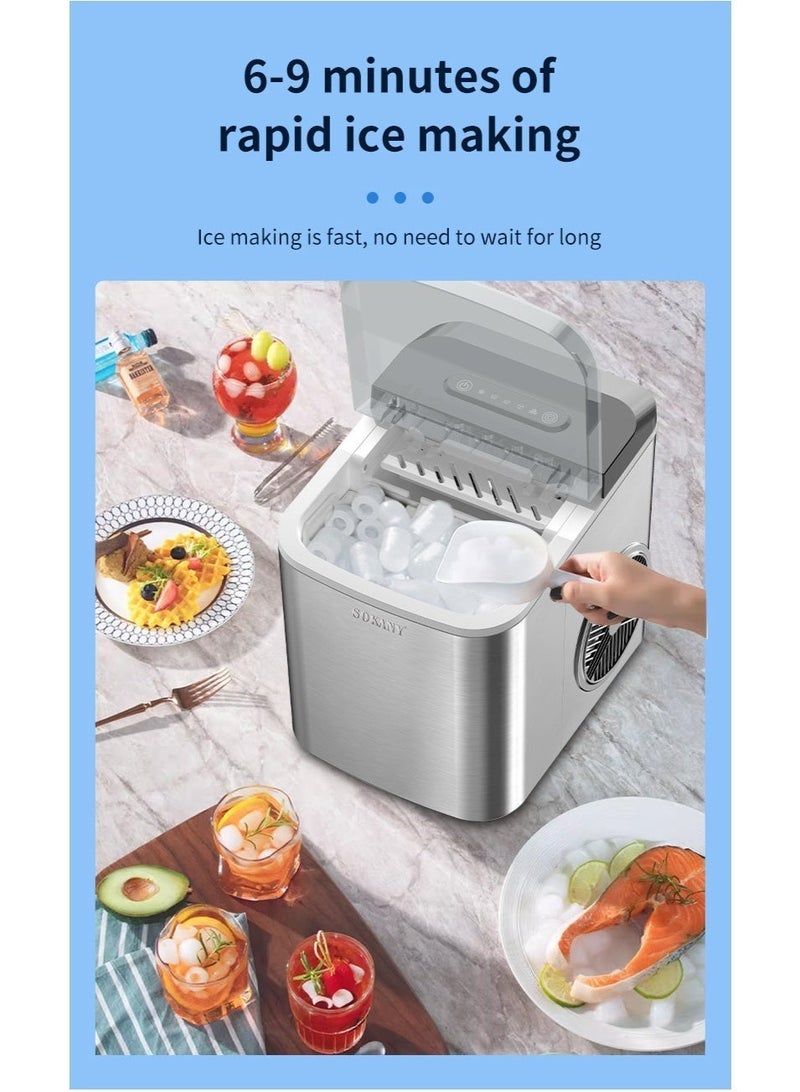 sokany Ice Maker Countertop with Handle, Self-Cleaning Ice Maker with Scoop and Basket, 9 Cubes in 6-9 Mins, Stainless Steel, 12Kg/24H, 1.3L Water Tank, 0.5L Ice Basket Capacity, Portable Small Ice Machine for Home kitchen Office Party, SK-03047 Silver - Image 4