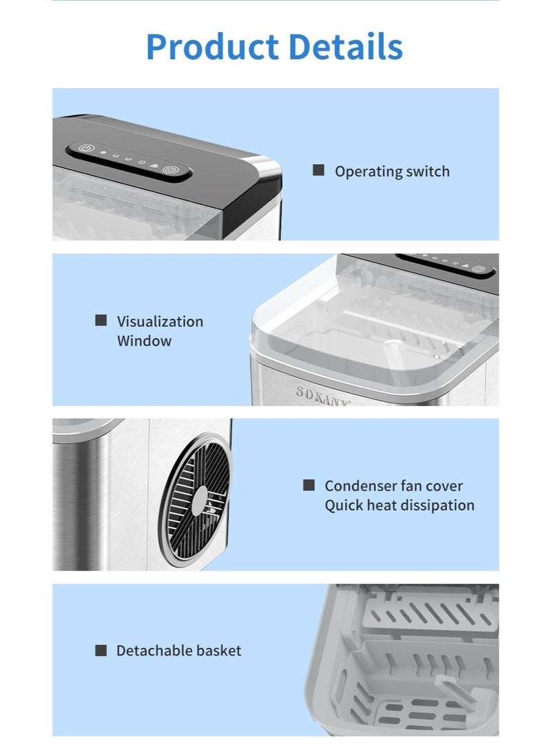 sokany Ice Maker Countertop with Handle, Self-Cleaning Ice Maker with Scoop and Basket, 9 Cubes in 6-9 Mins, Stainless Steel, 12Kg/24H, 1.3L Water Tank, 0.5L Ice Basket Capacity, Portable Small Ice Machine for Home kitchen Office Party, SK-03047 Silver - Image 5