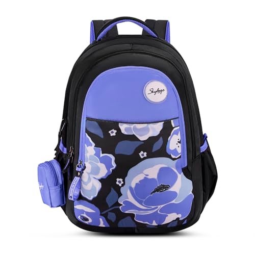 Skybags Floral 02 37 Liters Floral Print Premium Polyester Fabric School Backpack for Kids with Multiple Compartments and Adjustable Strap - Girls (Blue) - Image 1