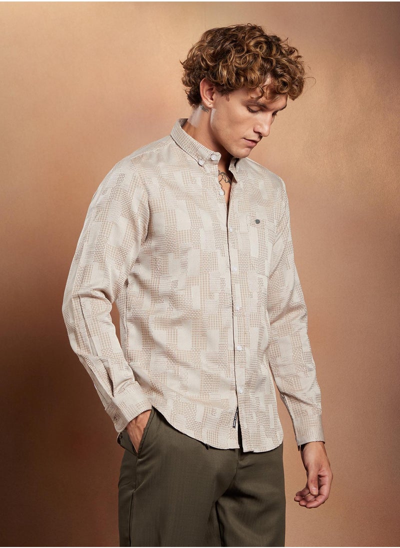 Campus Sutra Campus Sutra Men's Sand Beige Weave-Block Regular Shirt For Casual Wear | Spread Collar | Long Cuffed Sleeves | Button Closure | Shirt Crafted With Comfort Fit For Everyday Wear  - Image 3