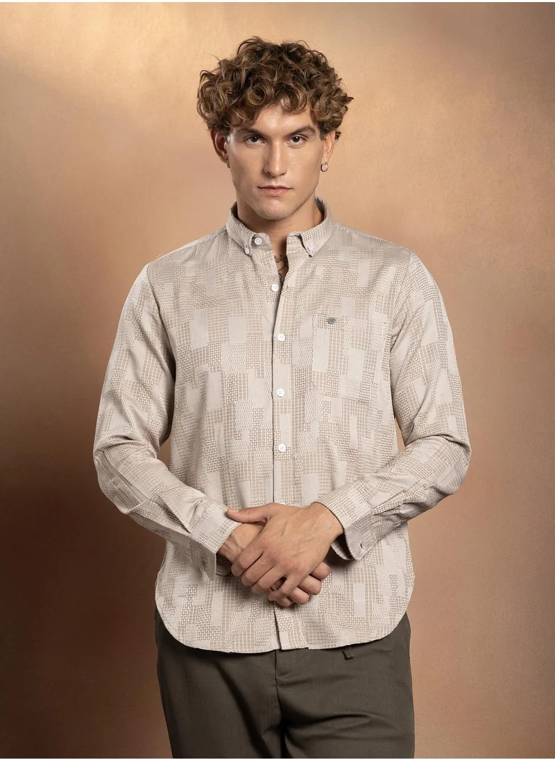 Campus Sutra Campus Sutra Men's Sand Beige Weave-Block Regular Shirt For Casual Wear | Spread Collar | Long Cuffed Sleeves | Button Closure | Shirt Crafted With Comfort Fit For Everyday Wear