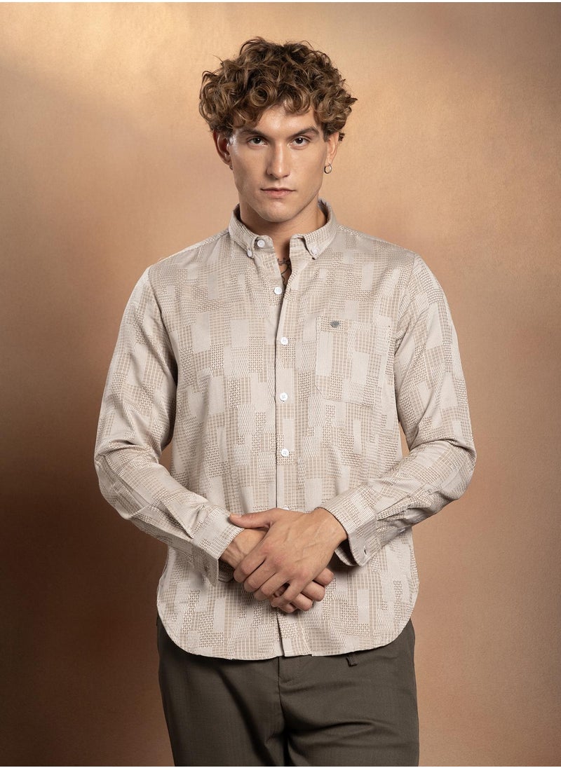 Campus Sutra Campus Sutra Men's Sand Beige Weave-Block Regular Shirt For Casual Wear | Spread Collar | Long Cuffed Sleeves | Button Closure | Shirt Crafted With Comfort Fit For Everyday Wear  - Image 2
