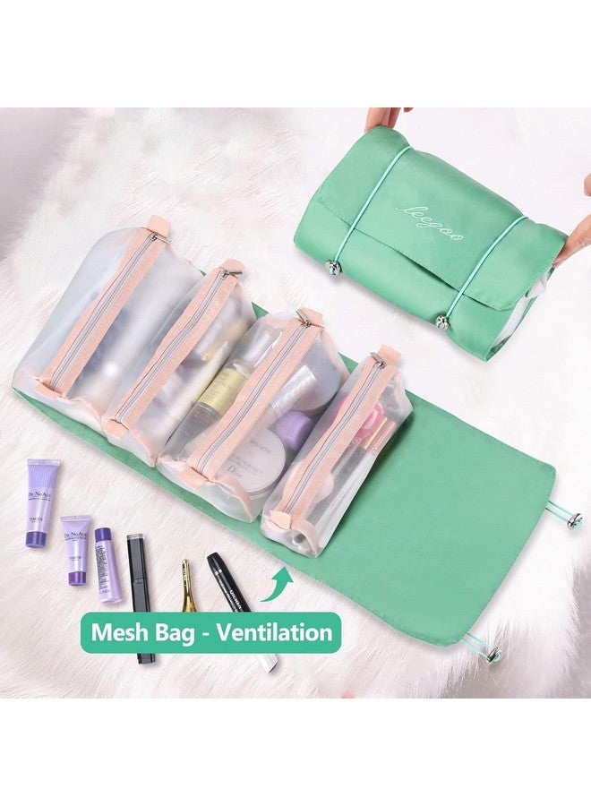 OffyBird 4 in 1 Waterproof Travel Makeup Bag - Detachable Hanging Roll-Up Organizer with 4 Mesh Pouches for Toiletries, Brushes & Beauty Tools for Men & Women (Green) - Image 2