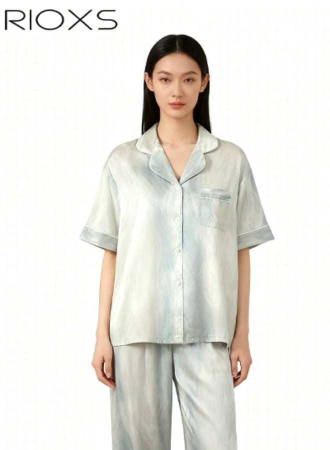 RIOXS 3pcs Women's Ice Silk Pajamas Set, Short Sleeve Button Down V-neck Sleepwear Top with Long and Short Pants, Elastic Waist Satin Sleepwear with Pockets, Summer Ladies Nightwear Loungewear for Pajama Party, Bridal Party, Lounging Room,Travel, Holiday, ect. - Image 1