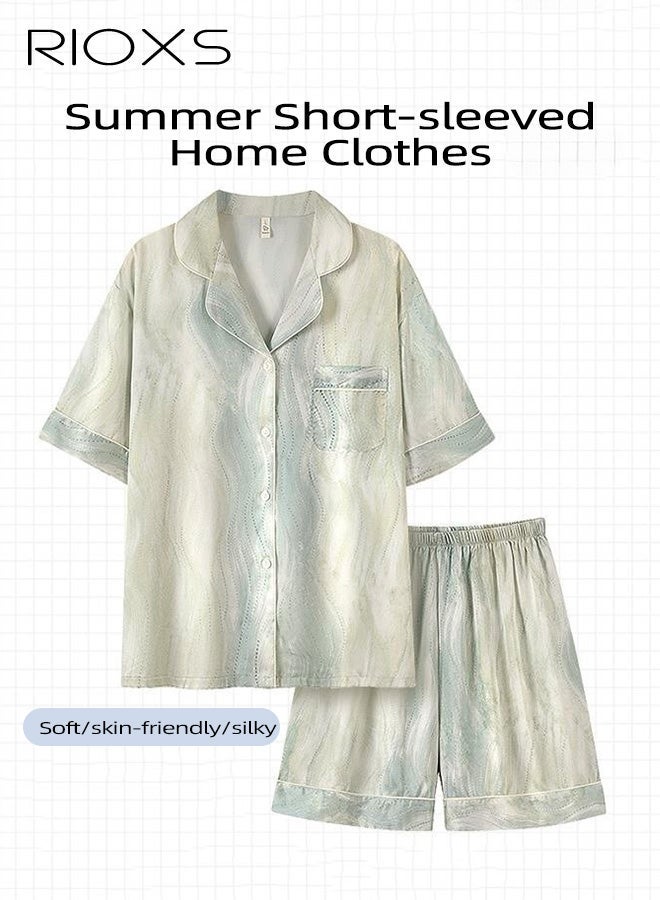 RIOXS 3pcs Women's Ice Silk Pajamas Set, Short Sleeve Button Down V-neck Sleepwear Top with Long and Short Pants, Elastic Waist Satin Sleepwear with Pockets, Summer Ladies Nightwear Loungewear for Pajama Party, Bridal Party, Lounging Room,Travel, Holiday, ect. - Image 3