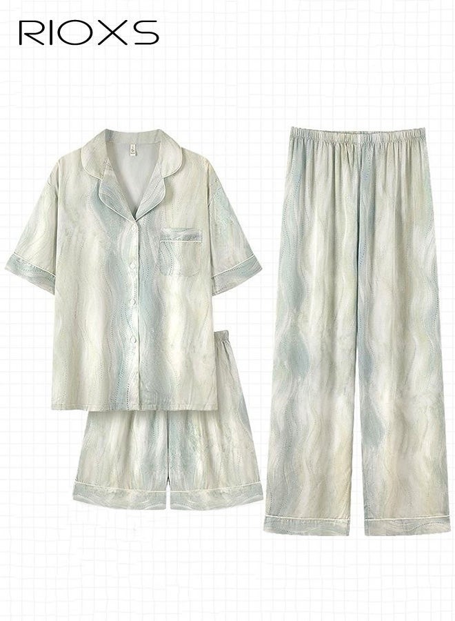 RIOXS 3pcs Women's Ice Silk Pajamas Set, Short Sleeve Button Down V-neck Sleepwear Top with Long and Short Pants, Elastic Waist Satin Sleepwear with Pockets, Summer Ladies Nightwear Loungewear for Pajama Party, Bridal Party, Lounging Room,Travel, Holiday, ect. - Image 2