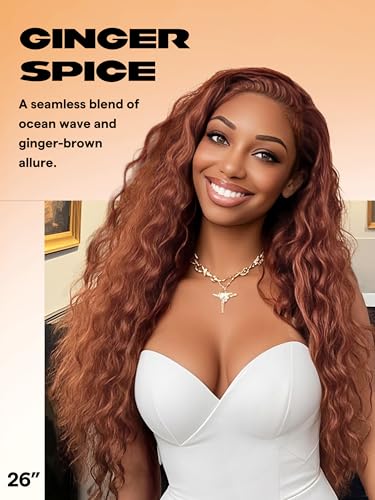 GORGIUS Ginger Brown Ocean Wave Wig Pre Cut Glueless Synthetic Lace Front Wigs Side Part Long Wig For Women 28 Inch - Image 3