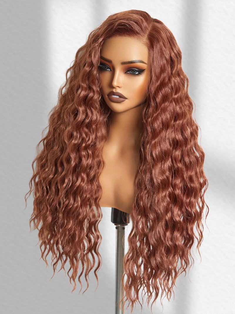 GORGIUS Ginger Brown Ocean Wave Wig Pre Cut Glueless Synthetic Lace Front Wigs Side Part Long Wig For Women 28 Inch - Image 2