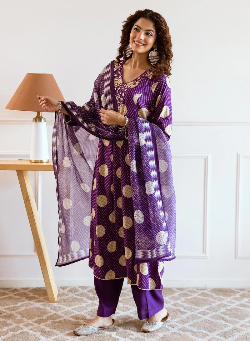 ISHIN Women's Purple 100% Cotton Printed Anarkali Kurta Set