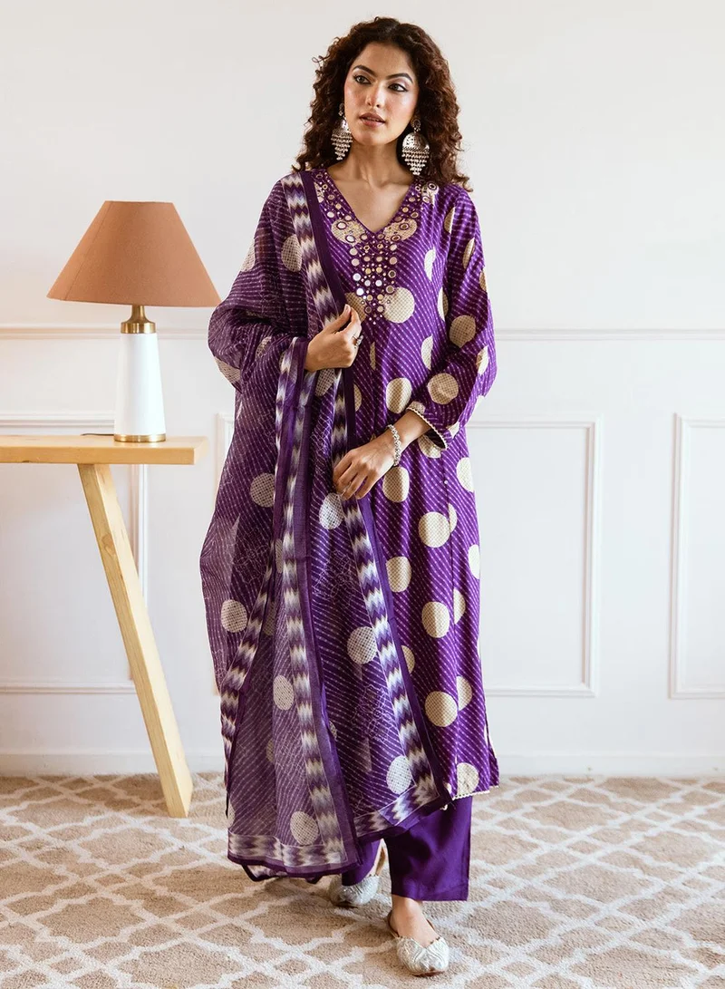 ISHIN Women's Purple 100% Cotton Printed Anarkali Kurta Set