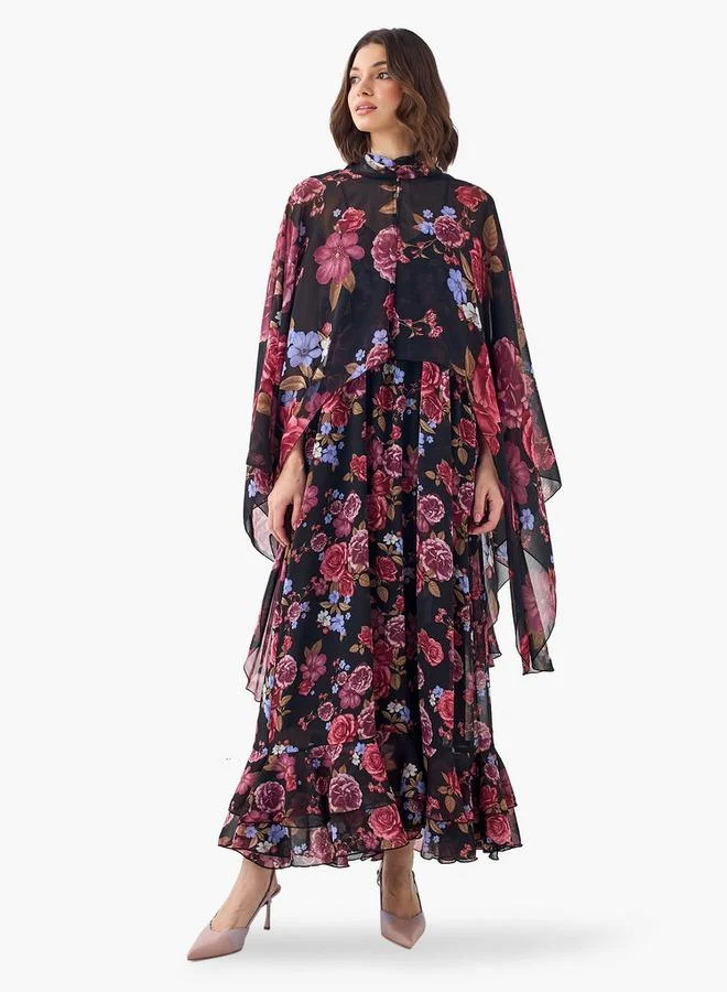 Iconic Floral Print Cape Maxi Dress with High Neck