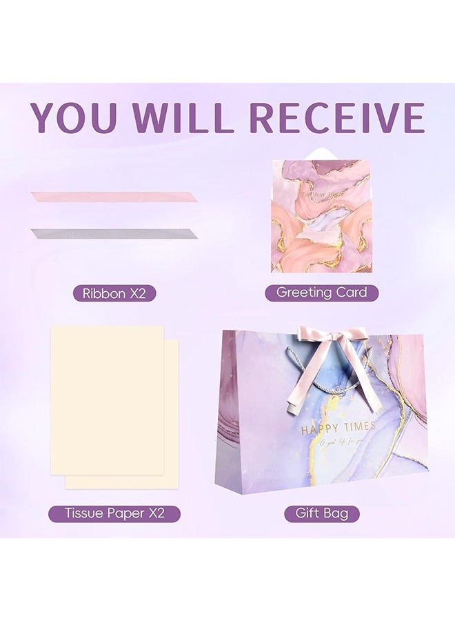 GIFT 2 Pcs Medium Gift Bag with Tissue Papers and 1 Greeting Card 2 Color Ribbon, Purple Marble Pattern Gift Bags, Portable Paper Birthday Gift Bag with Handles, Present Bags for Wedding Party - Image 2